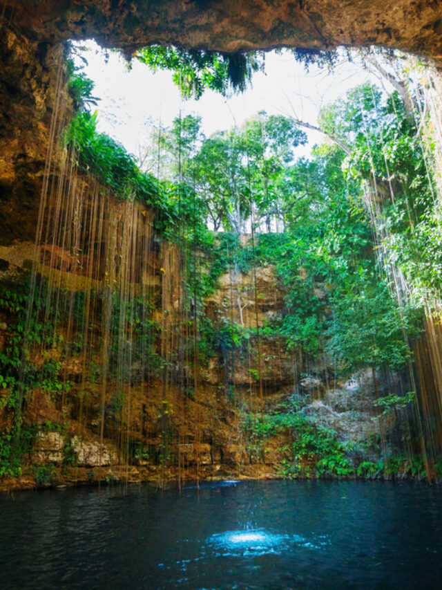 Sunbeams penetrating at Ik-Kil cenote inlet