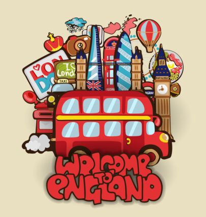Fun Facts About England for Kids Welcome to England cartoon Educational Concept Design with set of doodle childish objects and english bus. Welcome to England pop comic vector illustration